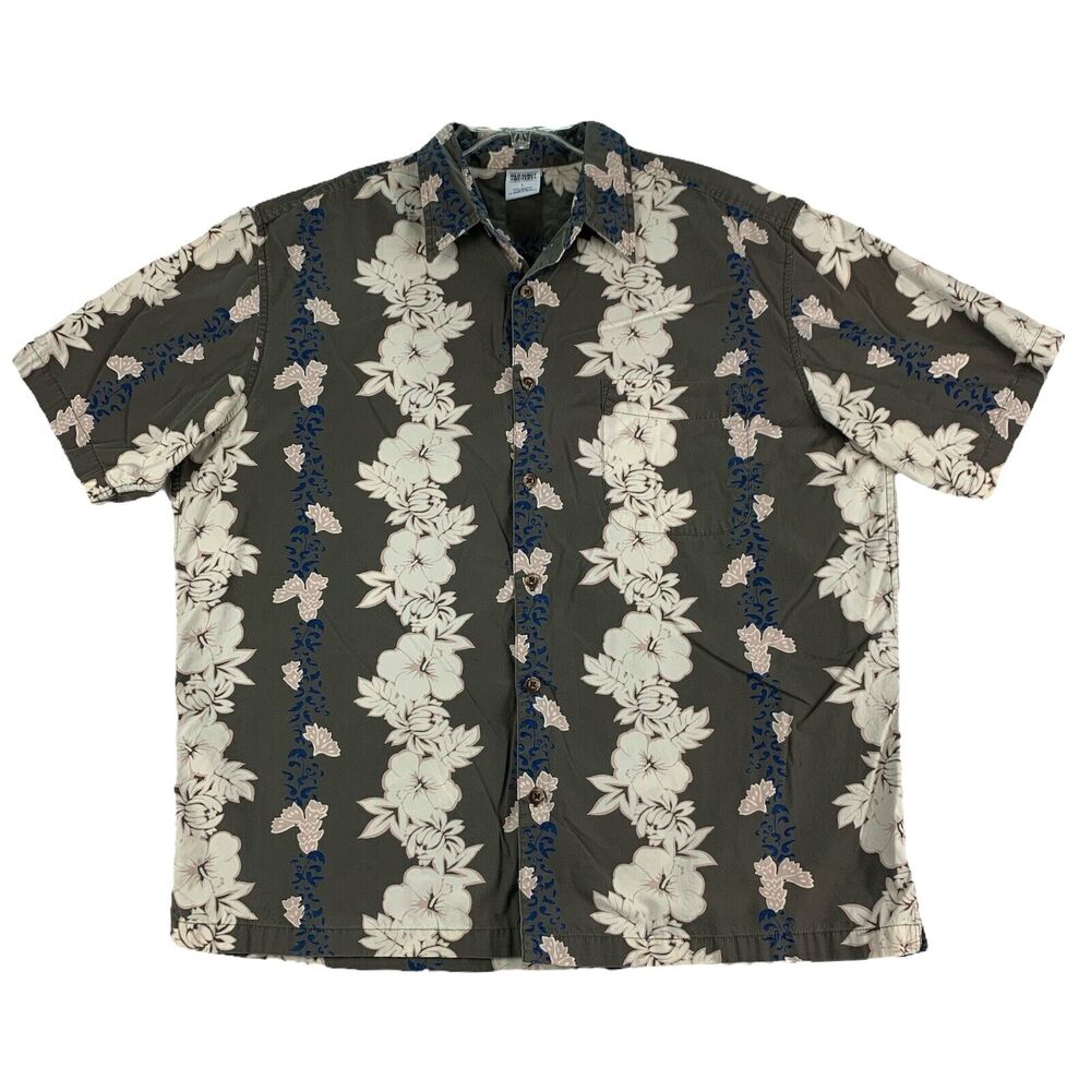 Old Navy Mens Size Large Hawaiian Button Up Shirt Tropical Gray Floral Beach